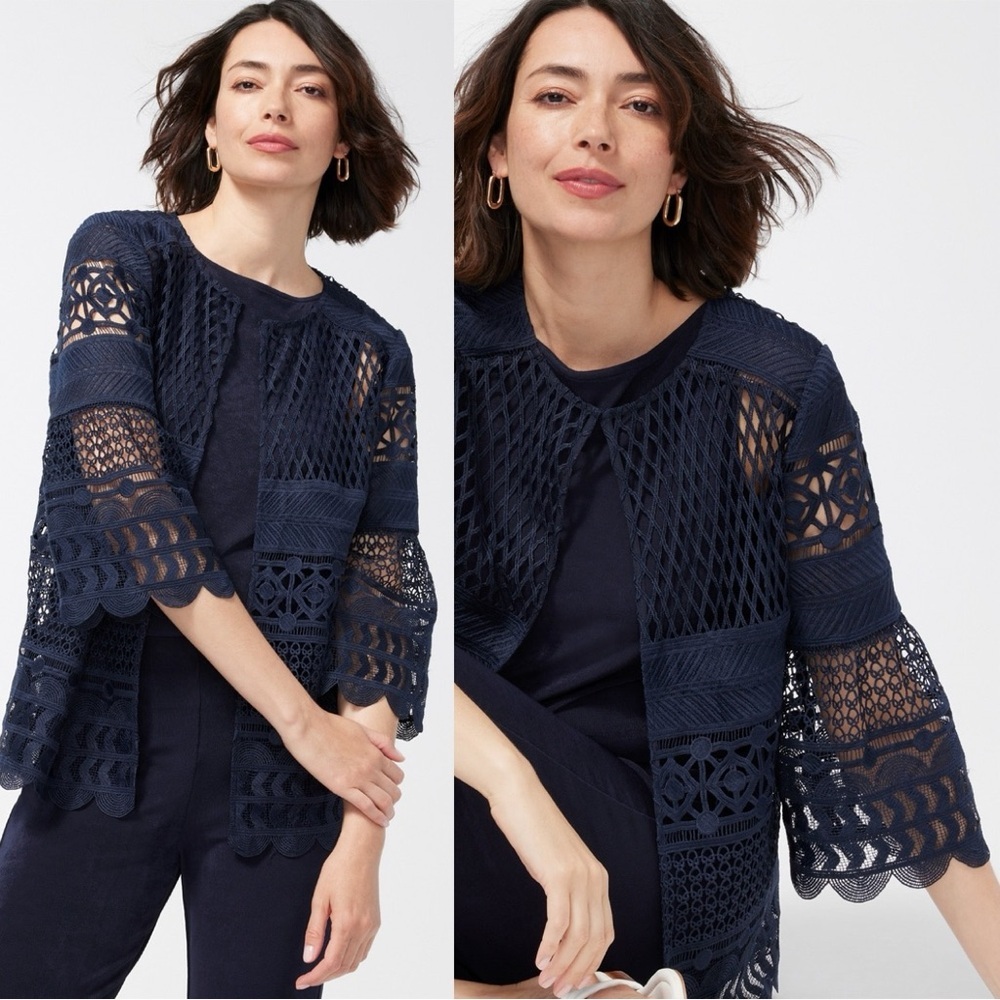 Chic Navy Lace Travelers Collection Crochet Jacket Career Events Classic Size 2
